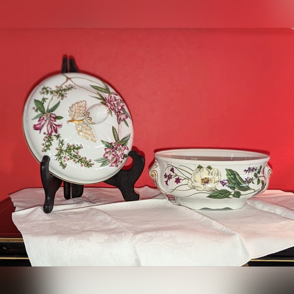 Vintage Spode Floral casserole dish with Green and Purple Accents